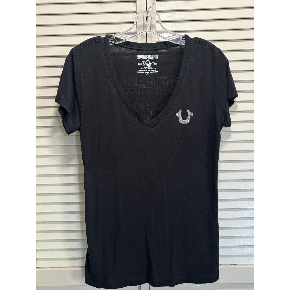 True Religion Short Sleeve Rhinestone Logo Graphic T-Shirt Size L Soft V Neck